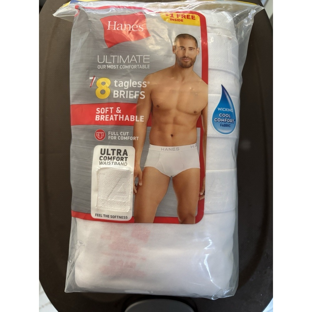 NWT Hanes Ultimate Comfort Tagless Briefs White 8 Pack Size Large